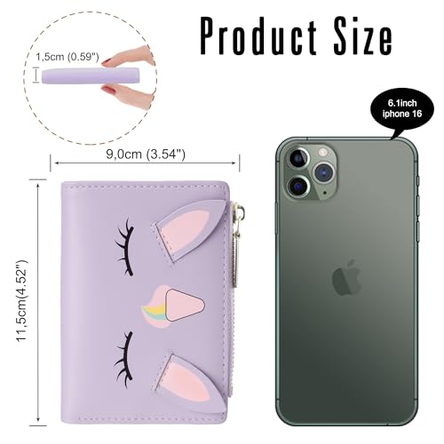 Image of CONISY Cute Wallets for Women, Leather Bifold Small Wallet with Zipper Coin Purse, RFID Blocking Wallet for Girls and Ladies, Unicorn Purple, 4.52 x 3.54 x 0.59 inches, Moden
