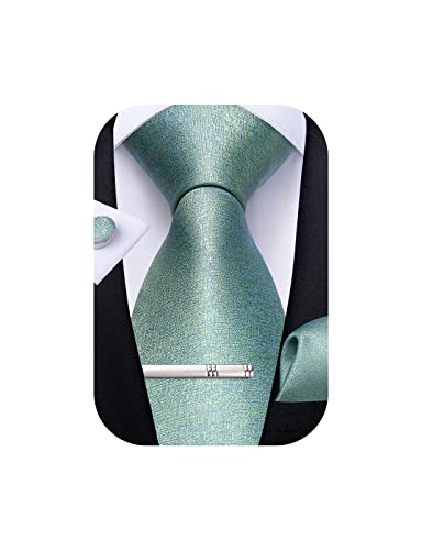 Image of DiBanGu Mens Silk Necktie Solid Color Tie and Pocket Square Cufflink Tie Clip Set Woven Plain Ties for Men Wedding Party