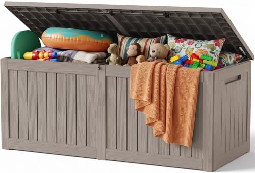 Outdoor Storage Box, 390 Gallon Waterproof Resin Deck Box with Support Rod