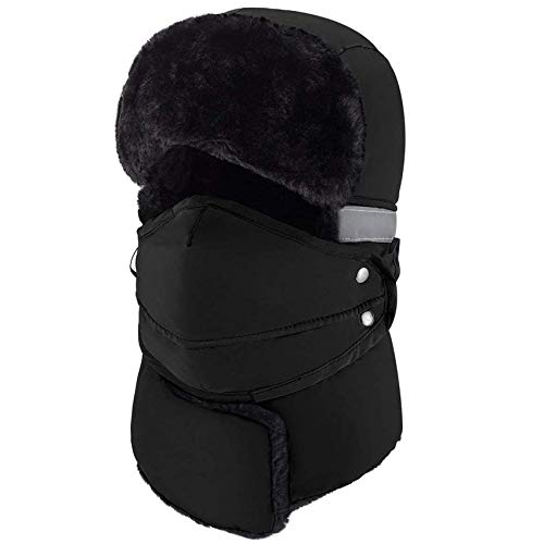 mysuntown Trapper Hat Winter Hats for Women Men with Faux Fur Neck Warmer, Windproof Waterproof Thick Trooper Ushanka Ski Hat (Black)