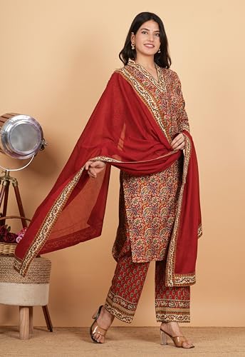 Image of Vbuyz Women Floral Print With Mirror Work Cotton Kurta Palazzo With Dupatta
