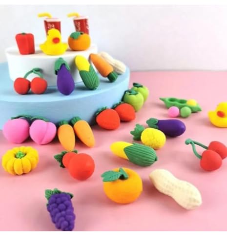 Image of 12 Pcs Fruit Shaped Rubber Eraser Set Box - School & Artist Eraser - Multi-Colored Designer Gift Set (QW1)