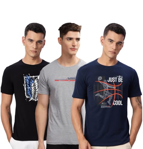Image of ADRO 100% Cotton Lycra Tshirts for Men Combo Pack of 3 | Regular Fit | Printed T Shirt | Round Neck Half Sleeve| Mens Tshirts