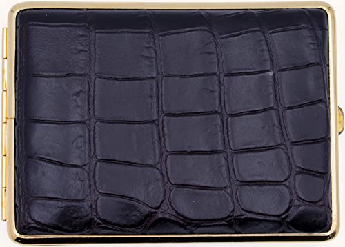 Made in Germany Genuine Leather Gold Plated Cigarette Case (18 100s) with Elastic Bands (Crocodile Black - Embossed)