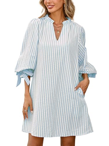 Image of EZAPINE Striped Dress for Women V Neck 3 /4 Bow Puff Sleeve Summer A Line Flowy Shirt Dress with Pockets
