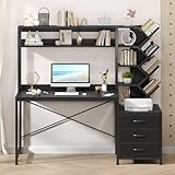 YOMILUVE Reversible Computer Desk with Hutch, Home Office Desk with Drawers and Bookshelf, 52'' Study Writing Desk with Storage Shelves for Bedroom Home Office, Black