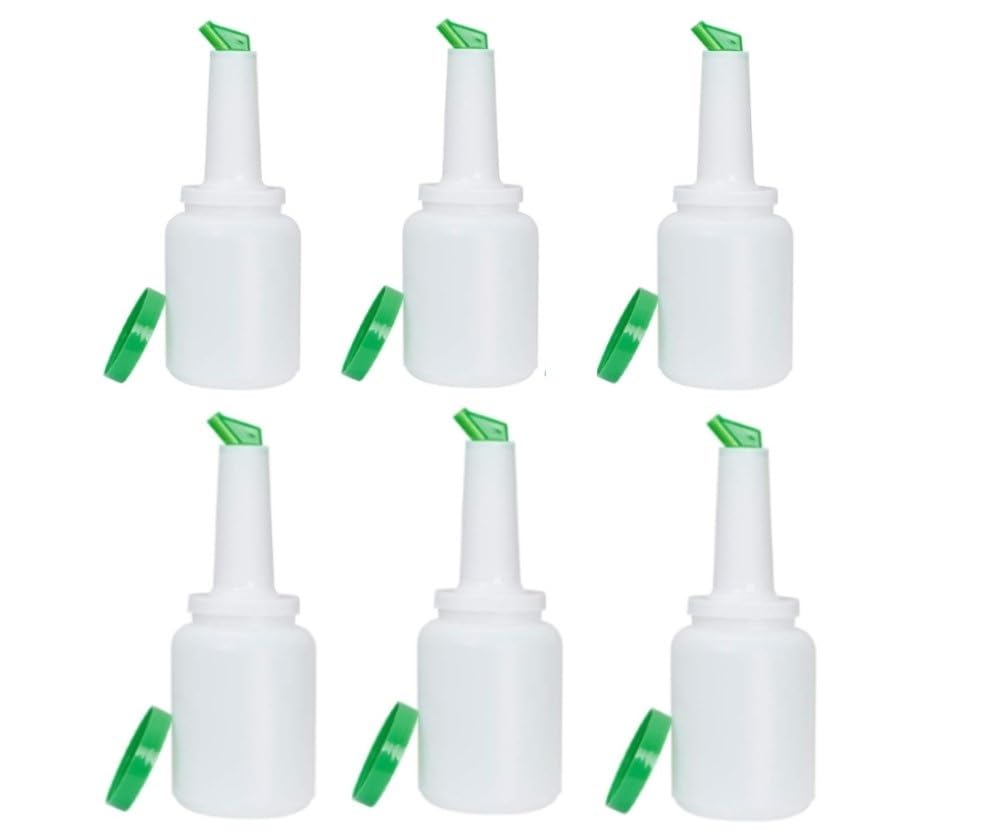 Soro Essentials- Set of 6 Plastic 2 qt. Bar Juice Pour Bottles Green Color- Store and Pour Containers for Bar Plastic Juice Pourers for Bartending Bar Mixer Bottles Barware and Bar Supplies