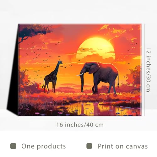 Piy Painting Canvas Print of Elephant and Giraffe, Sunset Landscape Oil Painting Replica, Canvas Wall Art - Image 2