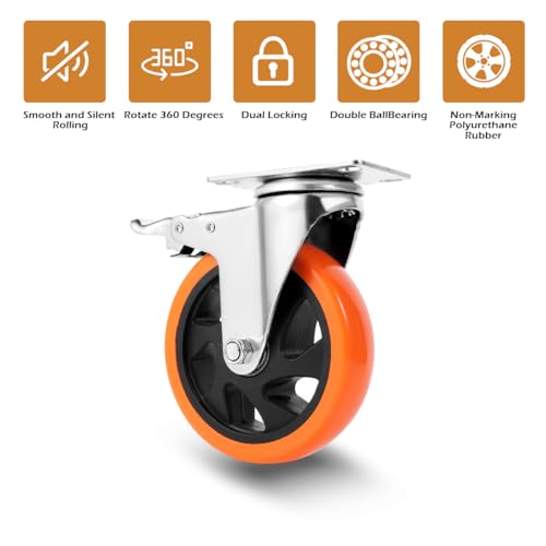 W B D WEIBIDA 5 inch Caster Wheel for Cart, 360 Degree Heavy Duty Top Plate Casters Set of 4 Industrial Casters with Brake Polyurethane Wheels for Cart, Trolleys, Furniture, Equipment