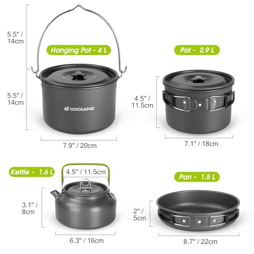 Odoland Camping Cookware Mess Kit for 6 People, Large Size Hanging Pot Pan Kettle with Base Dinner Cutlery Sets, Cups Dishes Forks Spoons Kit for Outdoor Camping Hiking and Picnic - Image 2