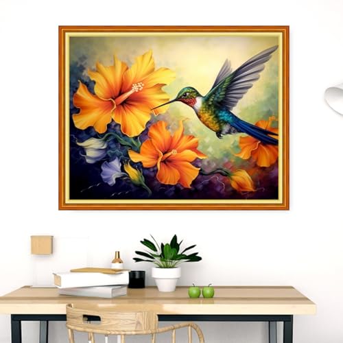 Image of Dimensean Stamped Cross Stitch Kits Full Range of Embroidery Patterns Starter Kits for Beginners Adult DIY Cross Stitches Needlepoint Kits 11CT-Colorful Flower Hummingbird 16x20 inch