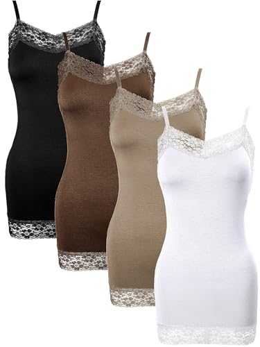 Bencailor 4 Pack Women's Long Tank Tops, Lace Camisole Neck Cami Adjustable Spaghetti Strap Undershirts for Women (US, Alpha, Medium, Regular, Regular, Black, White, Chocolate, Coffee)