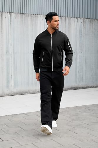 Image of QTE Black Bomber Jacket for Men Lightweight Casual Baseball collar jacket Coat Spring Fall Windbreaker Zip Up Coat with Pocket