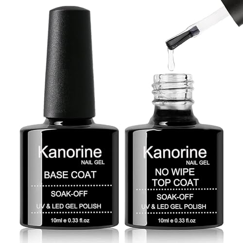 Kanorine Gel Nail Polish Base Coat and No Wipe Top Coat Set Shine Finish TopCoat and Long Lasting Multi-Functional BaseCoat Soak-Off UV LED Gel Nail Art Design Manicure New Upgraded 2×10ml