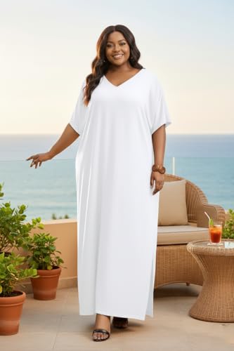 Image of Runwind Plus Size Maxi Dress for Women Short Sleeve V Neck Casual Long Dresses with Pockets