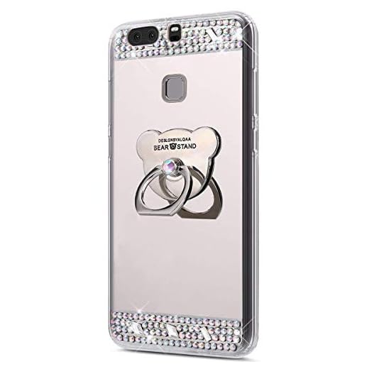 Huawei P9 fodral, Surakey spegelfodral fodral björn tecknat djurmönster 360 rotation ring pinne cool bling glans gnistrande diamant smink TPU telefonfodral skydd för Huawei P9, silver