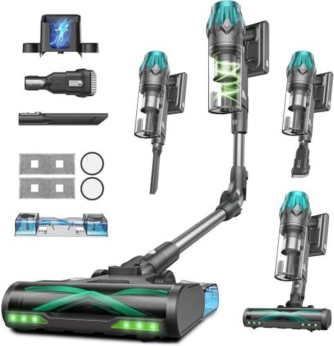 Vexilar V15Max Akku Staubsauger mit Wischfunktion, 55KPa/ 600W/60Min Staubsauger Kabellos, Knickrohr, Wandladestation, GreenEye, Freistehende Anti-Haar-Bodendüse, 1,5L-Behlter, für Teppiche Tierhaare