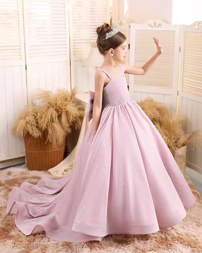 Sparkle Flower Girl Dress Satin Long Pageant Dresses for Girls Straps Prom Ball Gown with Bow3