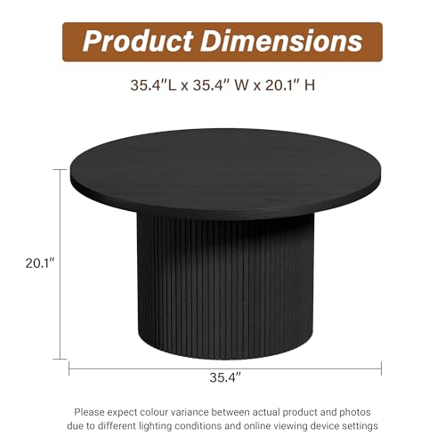 Image of Furniway Round Coffee Table, 35.4 inch Circle Wide Coffee Table, Wood Table and Center Table for Living Room, Black