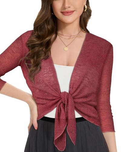 Image of Women Crop Cardigan Sheer Mesh Bolero Shrug for Dress Tie Front 3 /4 Sleeve Tops