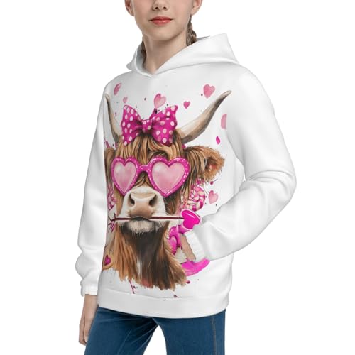Highland Cow with Heart Sunglasses Hoodie Youth Hooded Sweatshirt 3D Digital Printed With Pockets Tops2