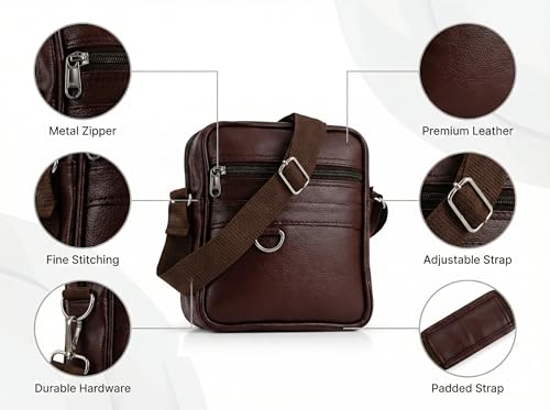 Image of Men's Leather Sling Bag Crossbody Messenger Shoulder Bag | Stylish Office Travel Side Bag with Multiple Compartments, Adjustable Strap & Secure Pockets for Daily Use