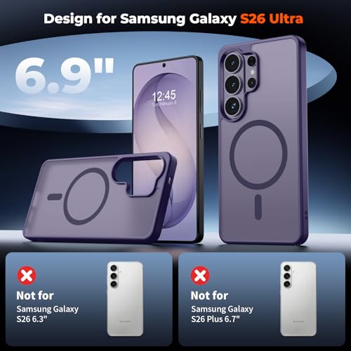 Image of SUPFINE Magnetic for Samsung Galaxy S26 Ultra Case with Screen Protector, (Built-in Magnets) (Military Grade Drop Protection) Slim Translucent Shockproof Phone Case,Dark Purple