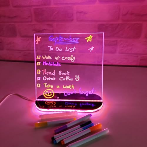 Image of Zesta 3D Rewritable LED Acrylic Message Board | USB Powered Desk Noteboard with 12 Glowing Markers | Cute Stationery Items and Light Up Gadgets (Pink, Large(27X27 Cms))