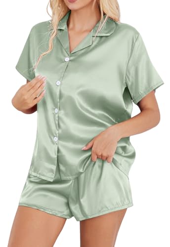 Image of Satin Pajamas for Women Solid Color, Silky PJs Set with Notch Neck & Adjustable Drawstring Shorts