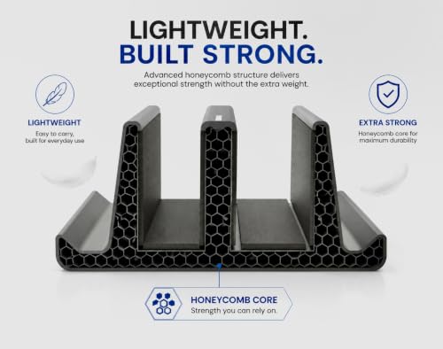 Image of 2-Slot Vertical Laptop Holder with Scratch-Proof Cushioning - Heavy-Duty Multi-Device Holder for All Macbooks and Gaming Laptops, Tablets, mobiles and Keyboards (Plastic Matte Black Finish)