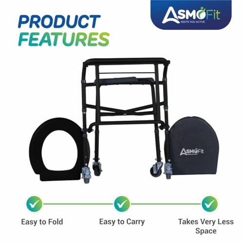 Image of Foldable Commode Chair Height Adjustable Use in Room or Over Toilet, Potty Chair with Armrests, Bedside Commode - Ideal for Adult, Pregnant Women, Elderly - Weight Capacity 100KG (With Wheels - Black)