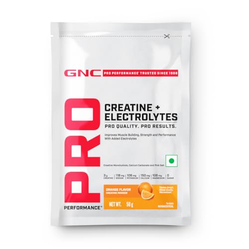 Image of GNC Creatine+ Electrolytes | 3g Creatine Monohydrate + Sodium, Potassium, Calcium, Magnesium | Boosts Muscle Growth, Hydration, Energy & Recovery | Zero Sugar | 100% Veg | 50g | Orange