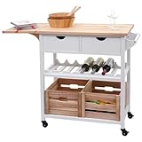 HEWATN Küchenwagen mit 4 Rollen, Servierwagen aus Holz, Beistellwagen mit Klappbarem Ablagebrett, 2 Schubladen & Obstkisten aus Paulownia, Teewagen mit Getränkeablage, Rollwagen für Küche Esszimmer