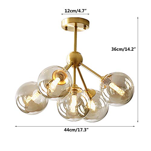 Kco Lighting 5-Light Amber Glass Globe Chandelier Brush Gold Semi Flush Mount Ceiling Light Mid-Century Modern Close To Ceiling Light For Living Room Bedroom Foyer (5-Light) #TOP1