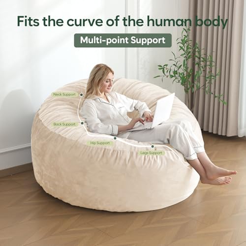 3 Ft Bean Bag Chair, Memory Foam Bean Bag Chairs for Adults with Filling, Round Bean Bag Sofa with Filler Included, Beanbags with Soft Dutch Velvet Fabric,3 Foot,Beige - Image 6