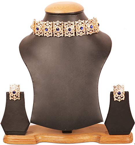 Image of Touchstone Mughal Jali Collection Gold Tone Indian Mughal Bollywood White Diamante Jewelry Choker Set for Women