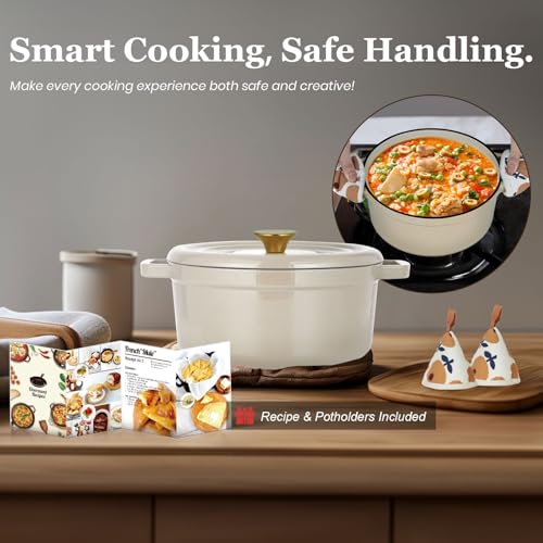 Overmont Cocotte en fonte émaillée – Casserole de 5 l avec couvercle – Livre de cuisine et maniques en coton – Batterie de cuisine robuste pour braiser, ragoûts, rôtir, cuire du pain, blanc – Image 6