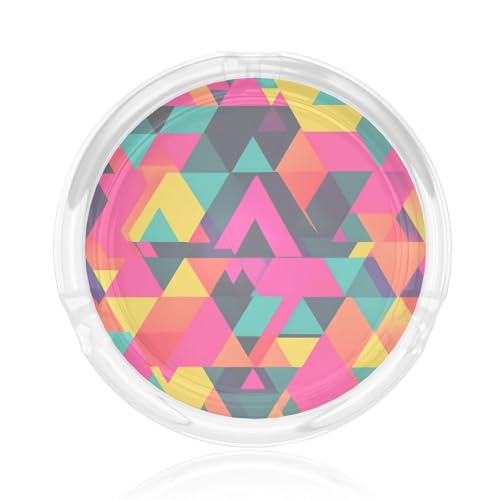 Posacenere rotondo in vetro trasparente colorato con stampa triangolare, 8,4 cm, per decorazione esterna, casa, ufficio, patio, auto, facile da pulire