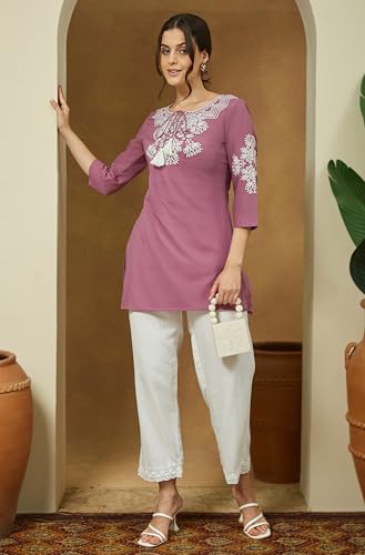 Image of Janasya Women's Purple Pure Cotton Embroidered Straight Tunic