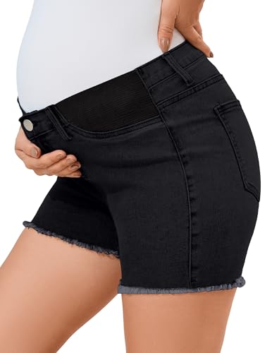 Image of PACBREEZE Women's Maternity Mid-Rise Stretch Denim Shorts Trendy Soft Frayed Hem Pregnancy Shorts, S-XXL
