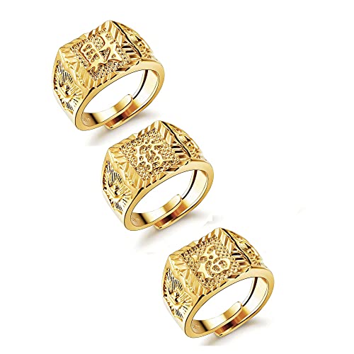 JeryWe 3 Pcs Anillo Chapado en Oro de los Hombres Anillo de Sello Ajustable,Anillo de Dedo Pulgar Abierto,Anillo de Boda, Anillo de Kanji Riqueza de Suerte Juego de Anillos,Oro Bendice Todo