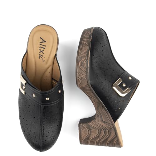 Image of Altxic Women's Hollow Out Low Block Chunky Heels Comfy Slip On Wood Grain Open Back Mule Clogs Black 9 US