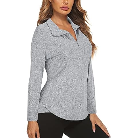 Koscacy Workout Tops for Women Long Sleeve, Shirts V Neck Half Zip Golf Pullover for Ladies Gym Training Outdoor Sports Shirts Workout Tennis Top Light Grey Large Cover