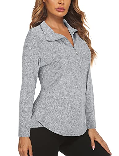 Koscacy Workout Tops for Women Long Sleeve, Shirts V Neck Half Zip Golf Pullover for Ladies Gym Training Outdoor Sports Shirts Workout Tennis Top Light Grey Large