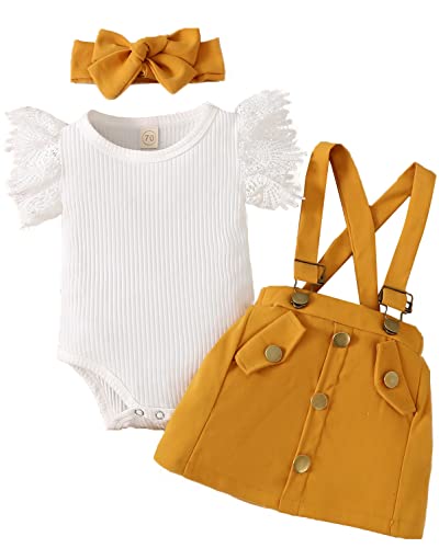 Image of Voonlie Baby Girl Clothes Outftts Ruffle Short Sleeve Ribbed Romper+Suspender Skirt + Headband Summer Clothing Set