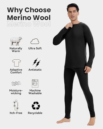 Men's 100% Merino Wool Base Layer Sets Lightweight Active Base Layer for Ski2