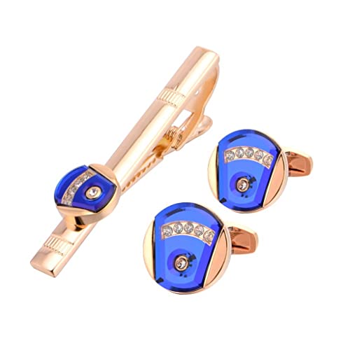 Gemelos de cristal azul y clip de corbata oro rosa elegantes para camisa de gala masculina