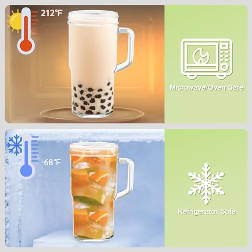 Glass Cups with Lids Straws 2Pack 24oz Mason Jar Tumblers Cup with Handle Wide Mouth Iced Coffee Cup Reusable Drinking Glasses Travel Mug for Smoothie Beer Juice Tea Gifts Clear