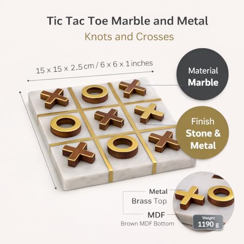 Image of Manor House Marble & Brass Tic Tac Toe Game Set | Natural Stone Board | Decorative Tabletop Strategy Game | Gift for Kids & Adults | Home Decor Accent | 6 Inch | Coffee Table Game