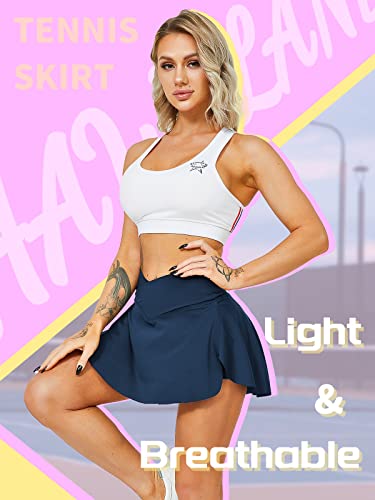 HAWILAND Tennisrock Damen - Hosenrock Crossover Waist V-Bund Tennis Skort mit Taschen Golfrock für Radfahren Wandern Laufen #1 Dunkelblau S